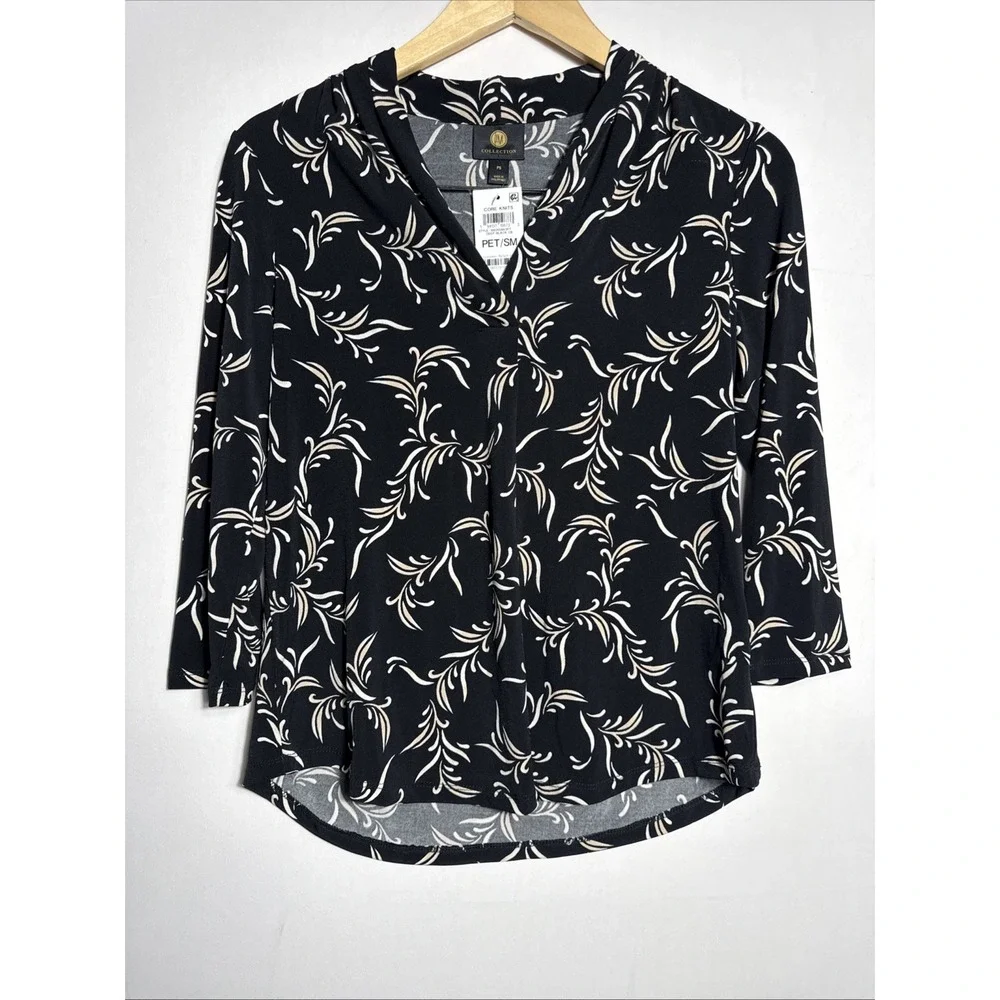JM Collection‎ Women's Printed 3/4 Sleeve V-neck Knit Top Petite Small Black